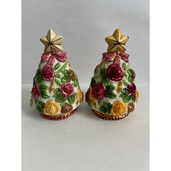 Hand-Painted Ceramic Christmas Tree Salt & Pepper Shakers With Floral Design & G - Picture 1 of 4